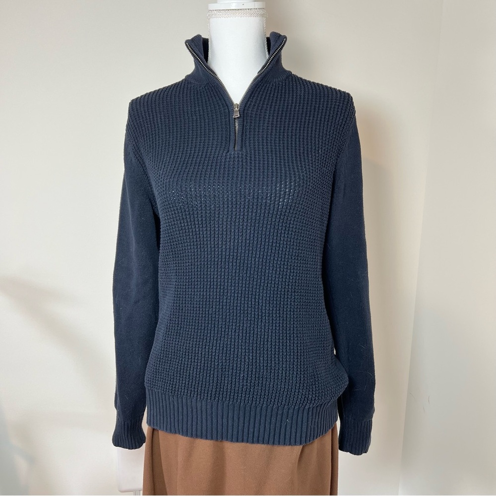 Banana Republic 100% Cotton Dark‎ Navy Blue Waffle Knit 3/4 Zip Pullover 🧵